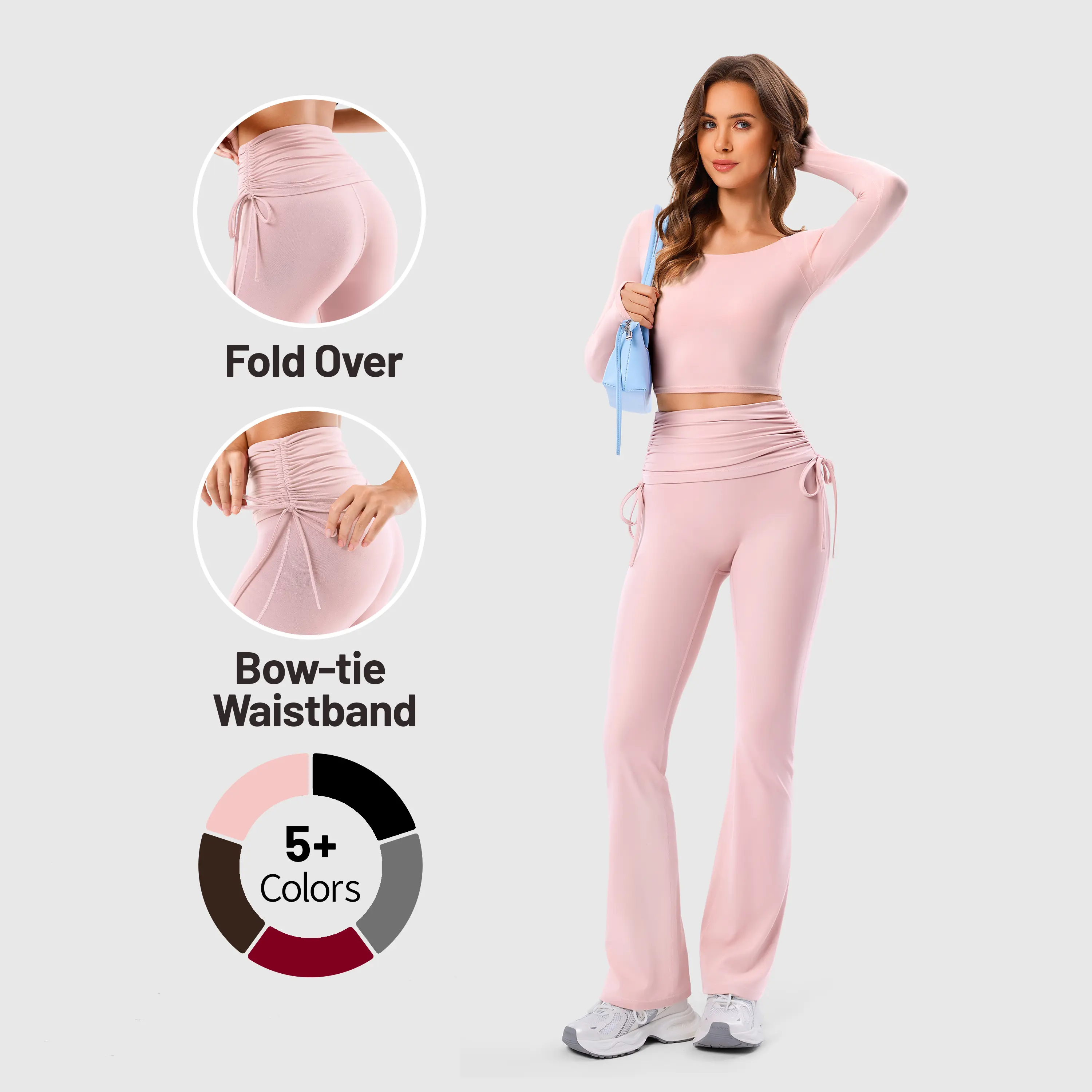 Inno Mint Fold Over No Front Seam Flared Leggings For Women With Bow-tie Waistband Ruched Tummy Control High Waist Leggings For Casual Or Gym Skinny Yoga Bottoms, Sports Casual Pants, Stretchy High Waist, Skinny Sportswear, Shaping Leggings
