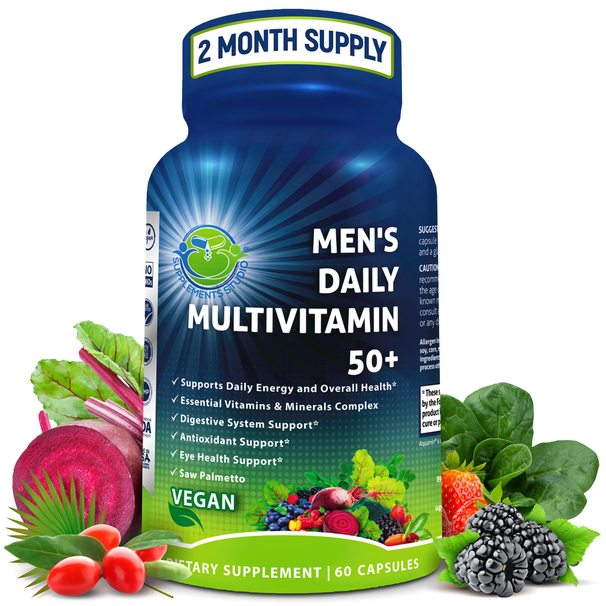 SUPPLEMENTS STUDIO Men’s Multivitamin 50+ Vegan Multivitamin with Methylated B Vitamins, Saw Palmetto, Biotin, Probiotics, Organic Superfood Blend & Eye Health Blend - Supports Eye Health, Energy & Gut Health - Easy to Swallow - 60 Capsules
