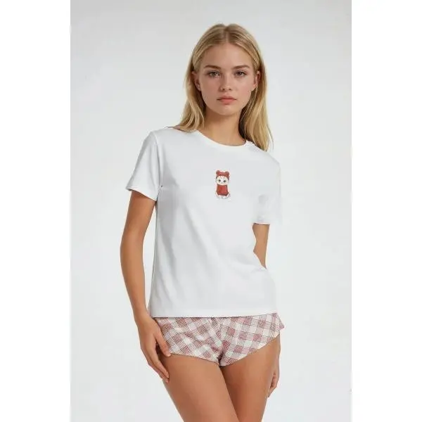 Forever 21 Women's Pajama Set, 2-Piece Cotton Knit Loungewear with Cat Graphic Crew Neck Tee & Plaid Above the Knee Shorts for Everyday Wear, Pajama Sets Women, Knitting, Cartoon, Round, Lightweight, Cute, Nightwear