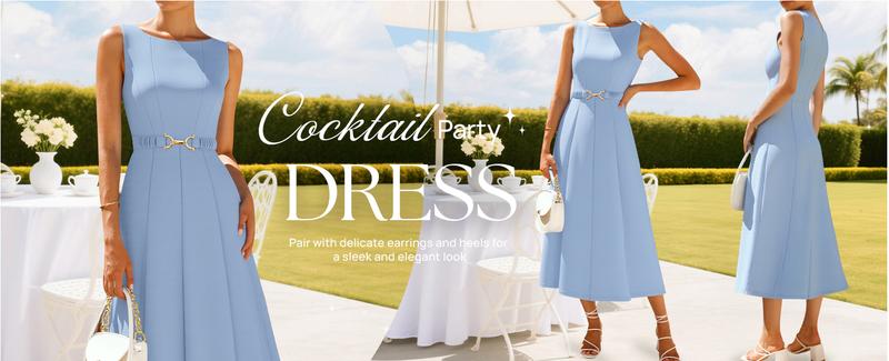 ZESICA Women Summer Sleeveless Midi Dresses 2026 Elegant Boat Neck A Line Tie Waist Spring Cocktail Party Dress