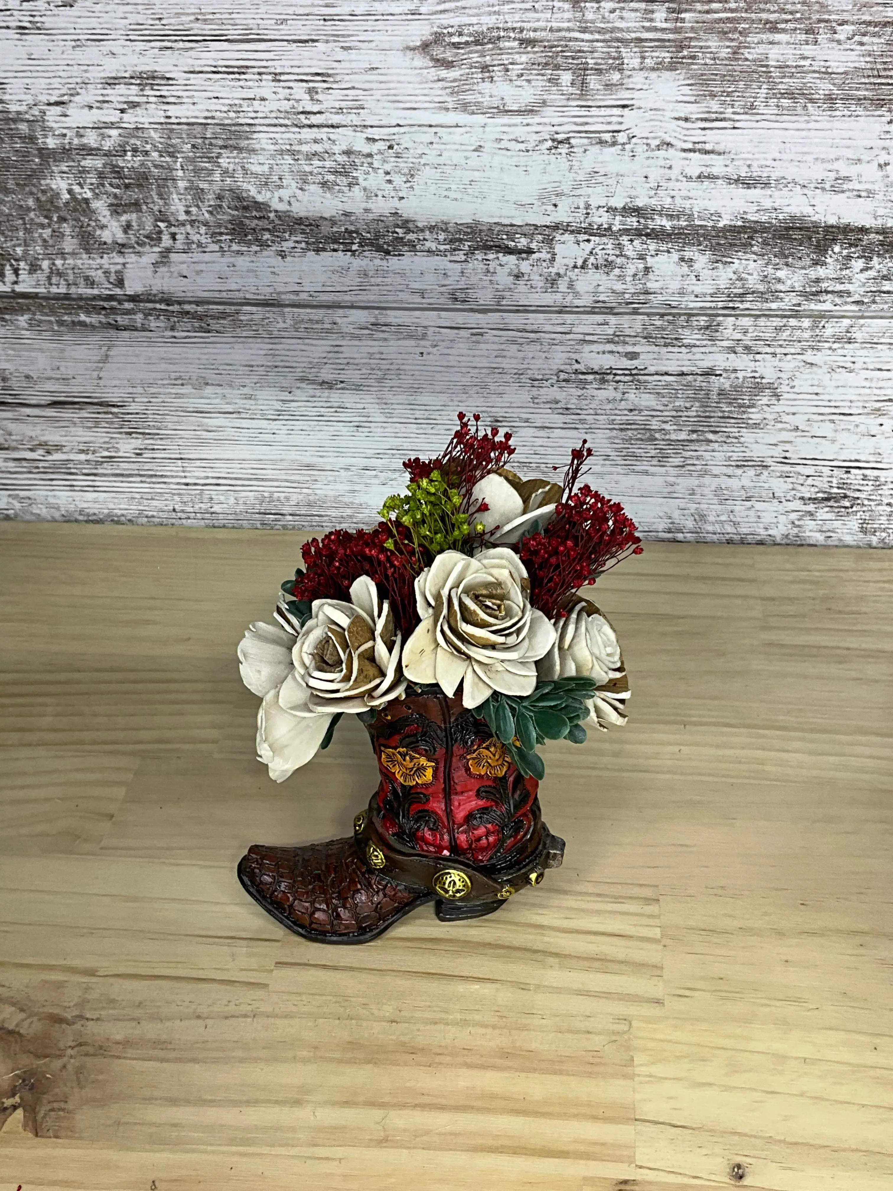 Rustic Red, Ivory, Sage, Tan & Berry Sola Wood Floral Cowboy Boot Decor Arrangement - Home Decorative Flowers