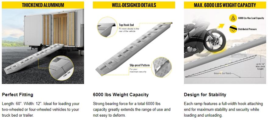 VEVOR 60\'\' X 12\'\' Aluminum Trailer Ramps 6000LBS/8000LBS Total Beavertail Hook End 1 Pair 2 Ramps VEVOR 60\'\' X 12\'\' Aluminum Trailer Ramps 6000LBS/8000LBS Total Beavertail Hook End 1 Pair 2 Ramps