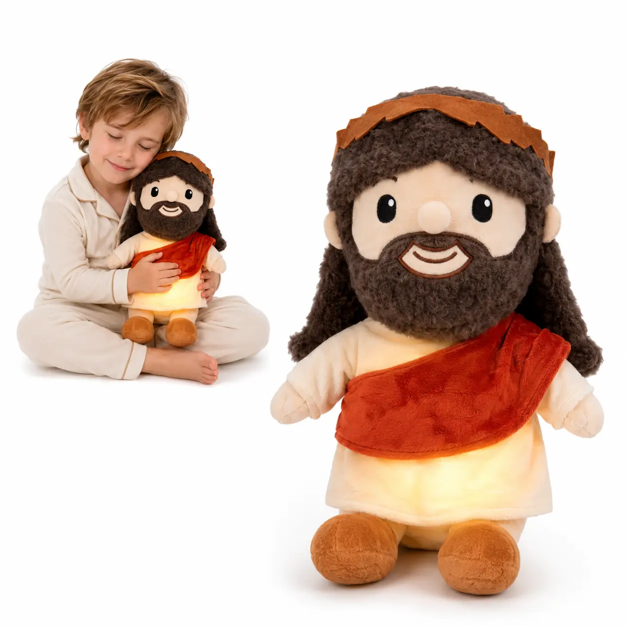 Christian-Themed Breathing Jesus Plush Doll - Huggable Stuffed Animal with Soft Body, Gentle Breathing Motion, Soft Glow, Brown Hair Beard, Cream Robe, Red Sash - Kids' Bedtime Companion, Dorm Room/Cozy Bedside Glow Nightstand Decor, Prayer Corner Gift, C