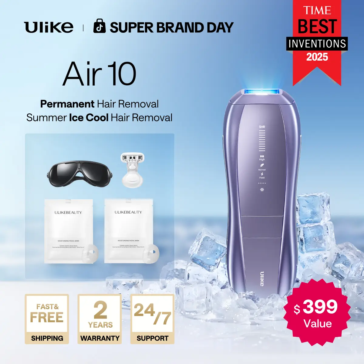 Ulike Air 10 IPL Laser Hair Removal Device - Epilator with Ice-Cooling Contact, Dual Lights, Skin Sensor & SHR Mode for Comfortable Effective Results