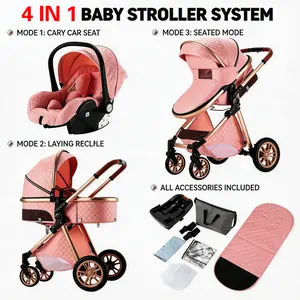 4-in-1 Convertible Baby Stroller with Car Seat Function, Portable Foldable Lightweight Travel System with Adjustable Canopy and Safety Seatbelt, Multifunction Bassinet Stroller for Baby Outdoor Walks, Travel and Shopping, Vintage Straw Style Luxury Design
