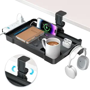 Under Desk Organizer - 360° Rotating Clamp-On Tray with Headphone Hook, Phone & Tablet Holder, Cup Holder, and Cable Management - No Drilling Desk Storage Accessories for Office and Home