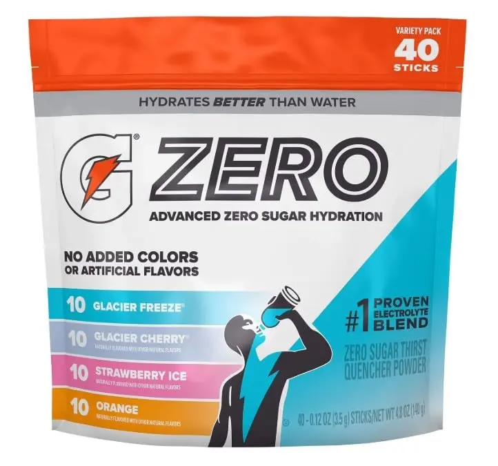 Gatorade G Zero Powder Variety Pack, 40 pk.  (Glacier Freeze, Glacier Cherry, Strawberry Ice, Orange) Beverage