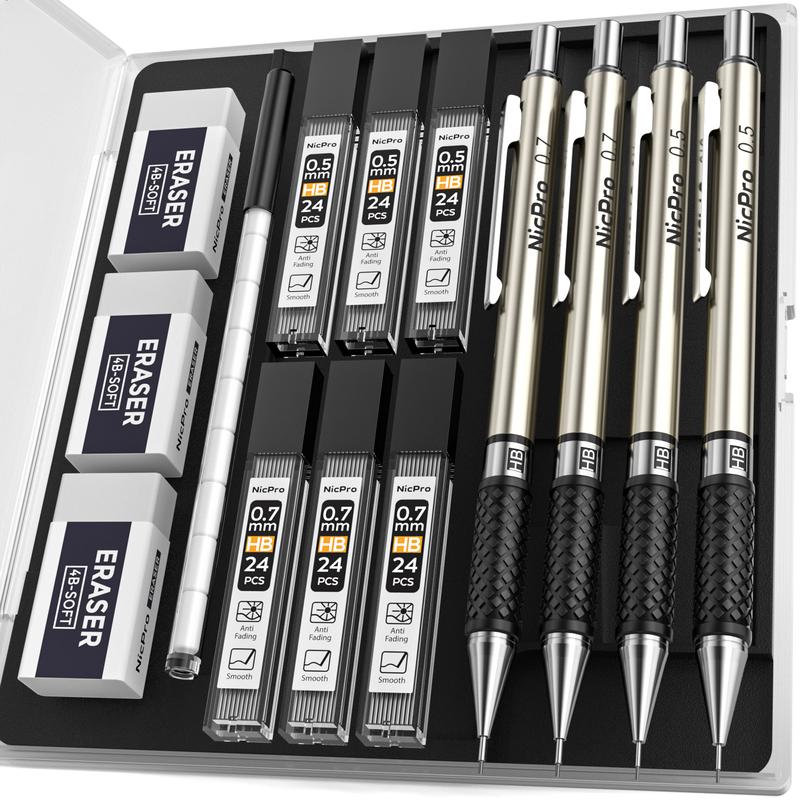 Nicpro Art Mechanical Pencil Set in Case, 4 PCS Metal Drafting Pencil 0.5 mm & 0.7 mm, Lead Pencil with 6 Tube HB Lead Refills, 3 Erasers, 9 PCS Eraser Refills for Artist Writing, Drawing, Sketching Nicpro Art Mechanical Pencil Set in Case, 4 PCS Metal Drafting Pencil 0.5 mm & 0.7 mm, Lead Pencil with 6 Tube HB Lead Refills, 3 Erasers, 9 PCS Eraser Refills for Artist Writing, Drawing, Sketching