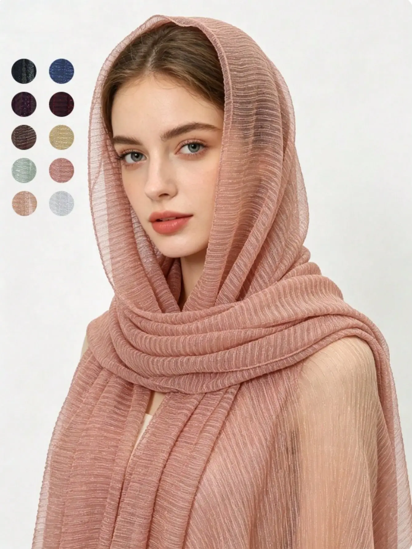 Women's 1pc Long Shimmer Crinkle Hijab Shawl - Breathable Sparkles Solid Muslim Headscarf, All-Season Everyday Wrap for Abaya Holiday Outfits