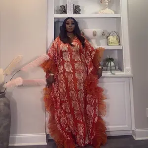 Thalia Adire Fluffy Kaftan | Luxury African Adire Kaftan Dress | Statement Boubou with Dramatic Ruffle Sleeves