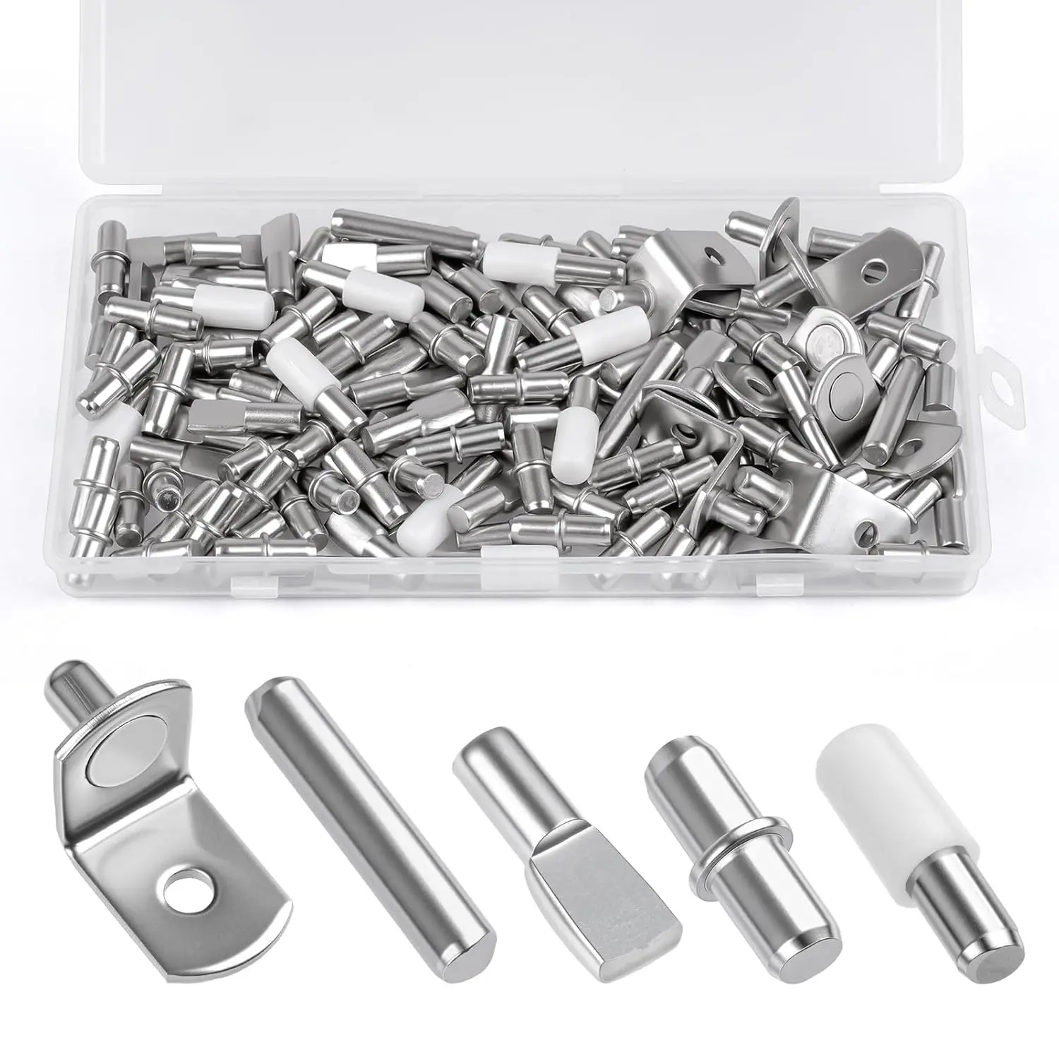 124 Pcs Shelf Pegs Kit, 5 Styles Nickel Shelf pins for Cabinet Shelves, Plated Shelf Support Pegs, Shelf Holders pegs for Kitchen Bookshelf Closet Furniture (5mm, 1/4inch)