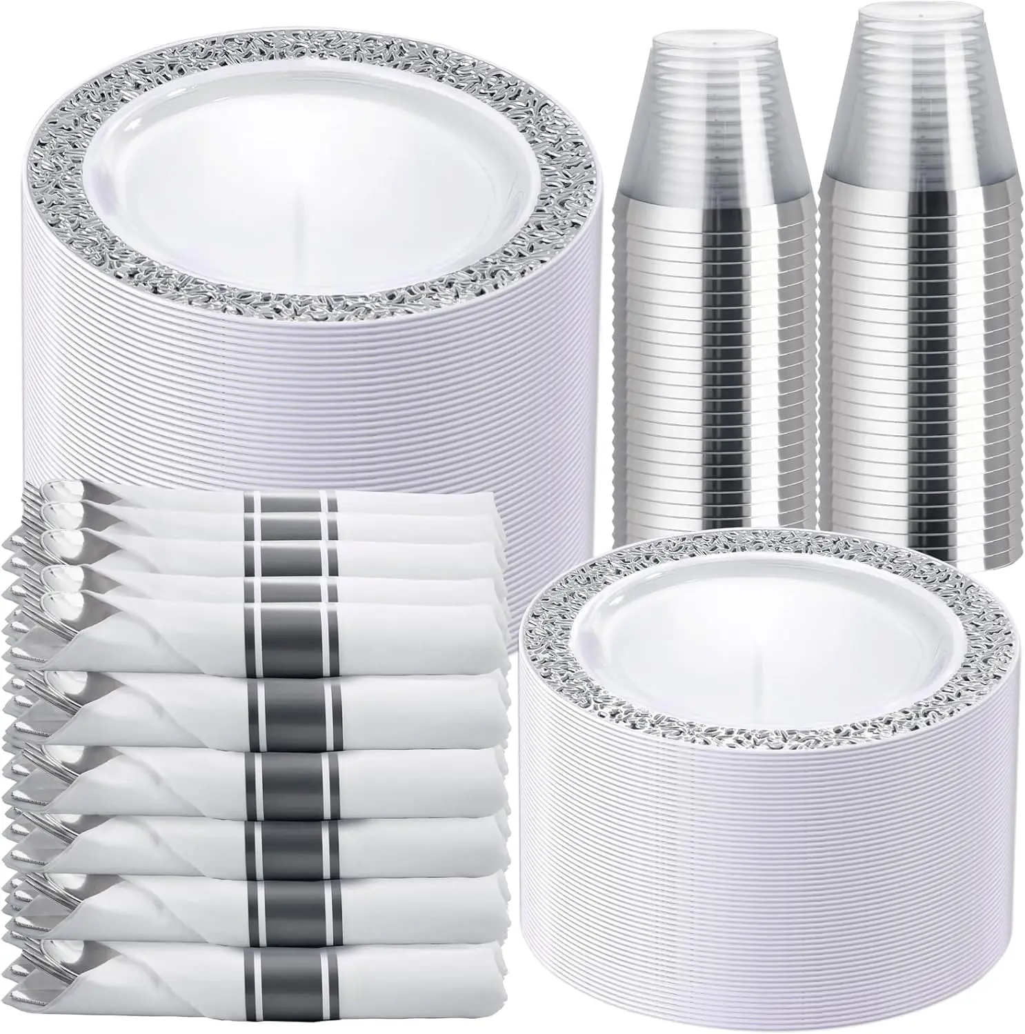 Dinnerware Sets, Gold Plastic Plates ,Include: Dinner Plates,  Dessert Plate,  Gold Plastic Silverware, Cups for Party