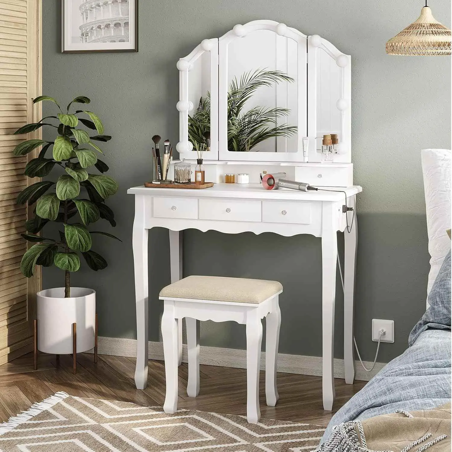 SIKAIC Makeup Vanity Set with LED Mirror, Small Dressing Table with Stool & Chair, White Bedroom Vanity Furniture Set,dorm essentials,home decor