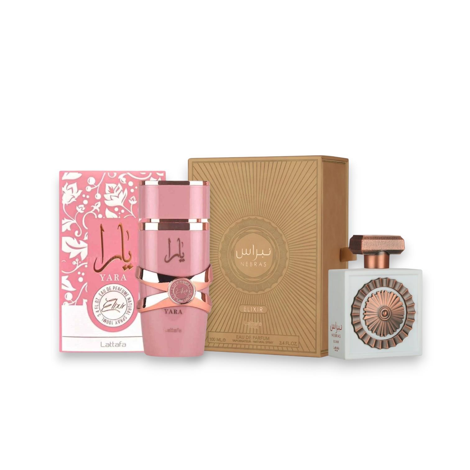 Lattafa Perfumes | Yara Elixir + Nebras Elixir | Eau De Parfum | Unisex Fragrance | 100 ML | Strawberry s'mores - Black currant & Vanilla Notes Lattafa Perfumes | Yara Elixir + Nebras Elixir | Eau De Parfum | Unisex Fragrance | 100 ML | Strawberry s'mores - Black currant & Vanilla Notes