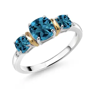 Gem Stone King 1.90 Cttw Cushion London Blue Topaz and White Diamond 3-Stone Ring for Women | 925 Sterling Silver and 10K Yellow Gold | Gemstone Birthstone