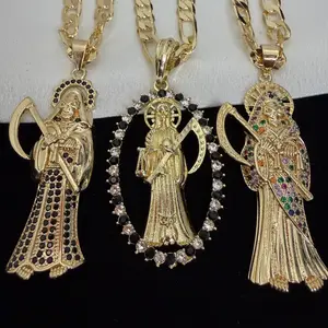 Santa Muerte Necklace 14k Gold Plated Holy Death Cuban Link