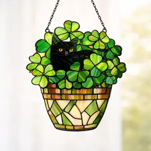 Black Cat Shamrock Suncatcher | Clover Basket Acrylic Window Hanging, St. Patrick’s Day Cat Decor, Cat Lover Gift