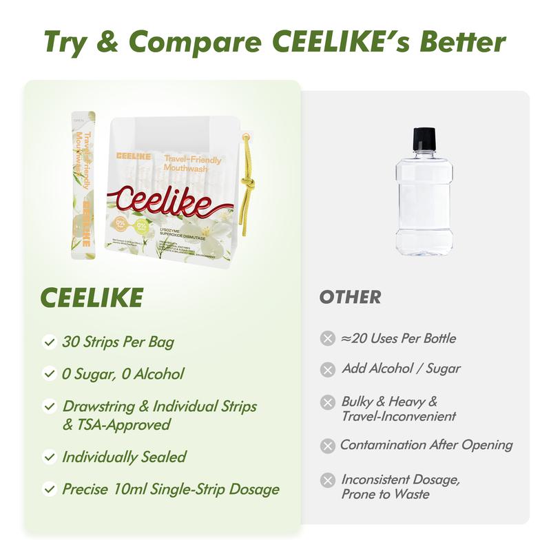 CEELIKE Travel-Friendly Mouthwash (Jasmine White Tea Flavor) | Powerful Antibacterial, Long-Lasting Freshness, Natural Formula, Convenient for Travel