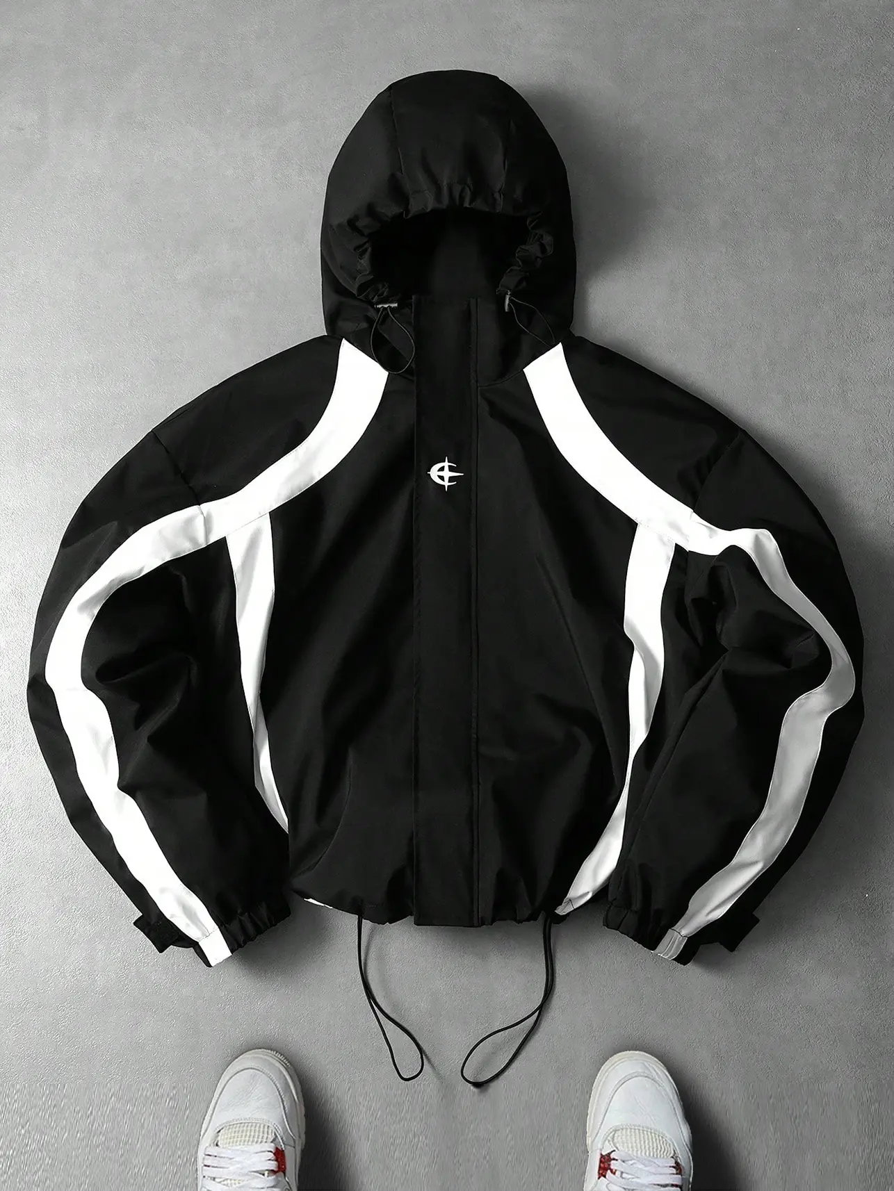 Men's Black Windbreaker Jacket Hooded Zip Up Jacket White Stripe Color Block Lightweight Rain Jacket Techwear Streetwear Coat Casual Outdoor Running Shell Jacket Fashion Outerwear
