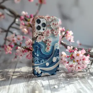 Japanese Sakura Wave Cherry Blossom Art Tough Phone Case Floral Aesthetic Cover for iPhone 11 12 13 14 15 16 17