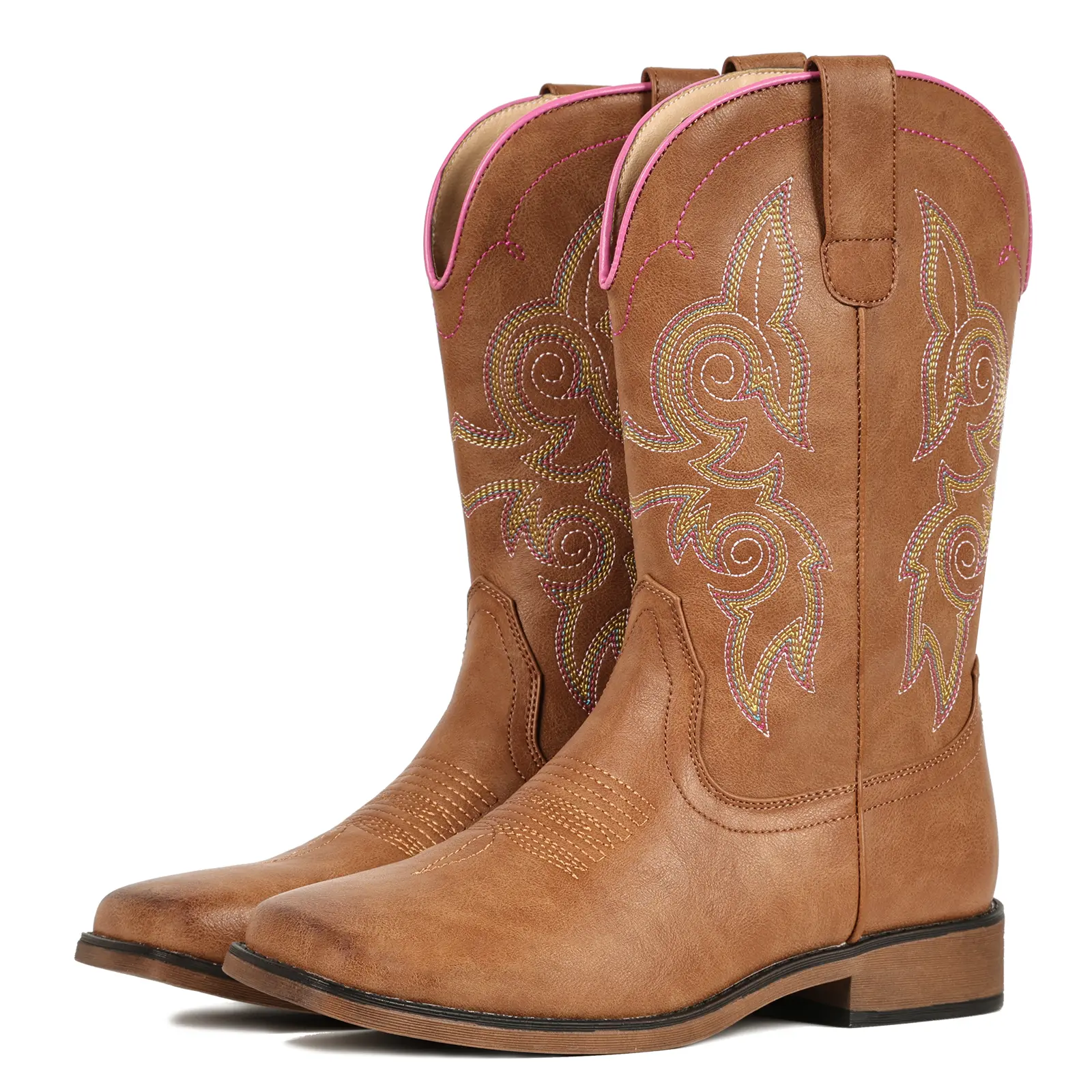 FIORALIE Color Block Leather Cowgirl Boots for Women Square Toe – Mid Calf ladies Western Cowboy Boots with Embroidery, Low Chunky Heel & Pull On Design. Wide Calf Friendly, Perfect for Country Concert, Rodeo, riding,Daily Outfits, Dancing