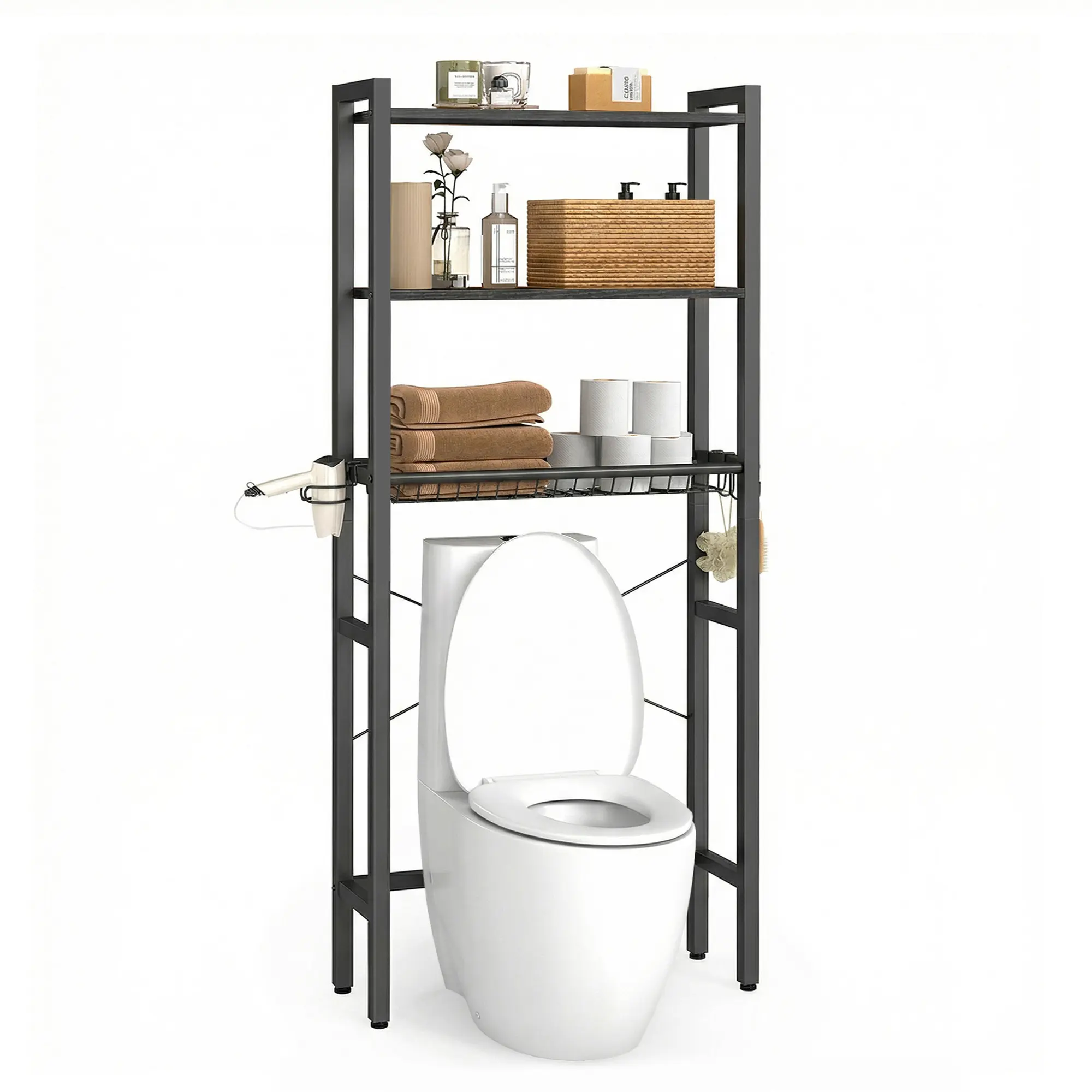 VASAGLE Wall-Mount Over-the-Toilet Storage Cabinet, Bathroom Organizing Accessories with Adjustable Multi-Tier Shelves, Basket, 3 Hooks, Space Saver