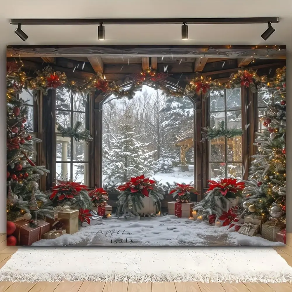 1pc Soft Durable Polyester 2D Flat Christmas Backdrop Sheet - Glam Holiday Decor with Festive Tree, Gift Boxes, Snowy Window Scene, Non-Printed White Banners for Indoor, Outdoor Use, Flat Backdrop