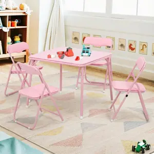 Kids Folding Table and Chairs Set of 5, Children's Activity Table Set with Padded Vinyl Cushion, Toddler Table Set for Playroom,Nursery,Bedroom(Pink)