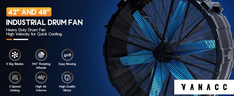 [Ships in 2 Boxes] VanAcc Industrial Drum Fan,  42 inch 550W, 48 inch 750W Plastic High Velocity Floor Fan with Wheels and 3 Speed, Air Flow 12,950/17,660 CFM, Ideal for Commercial, Garage, Warehouse, Workshop, Factory
