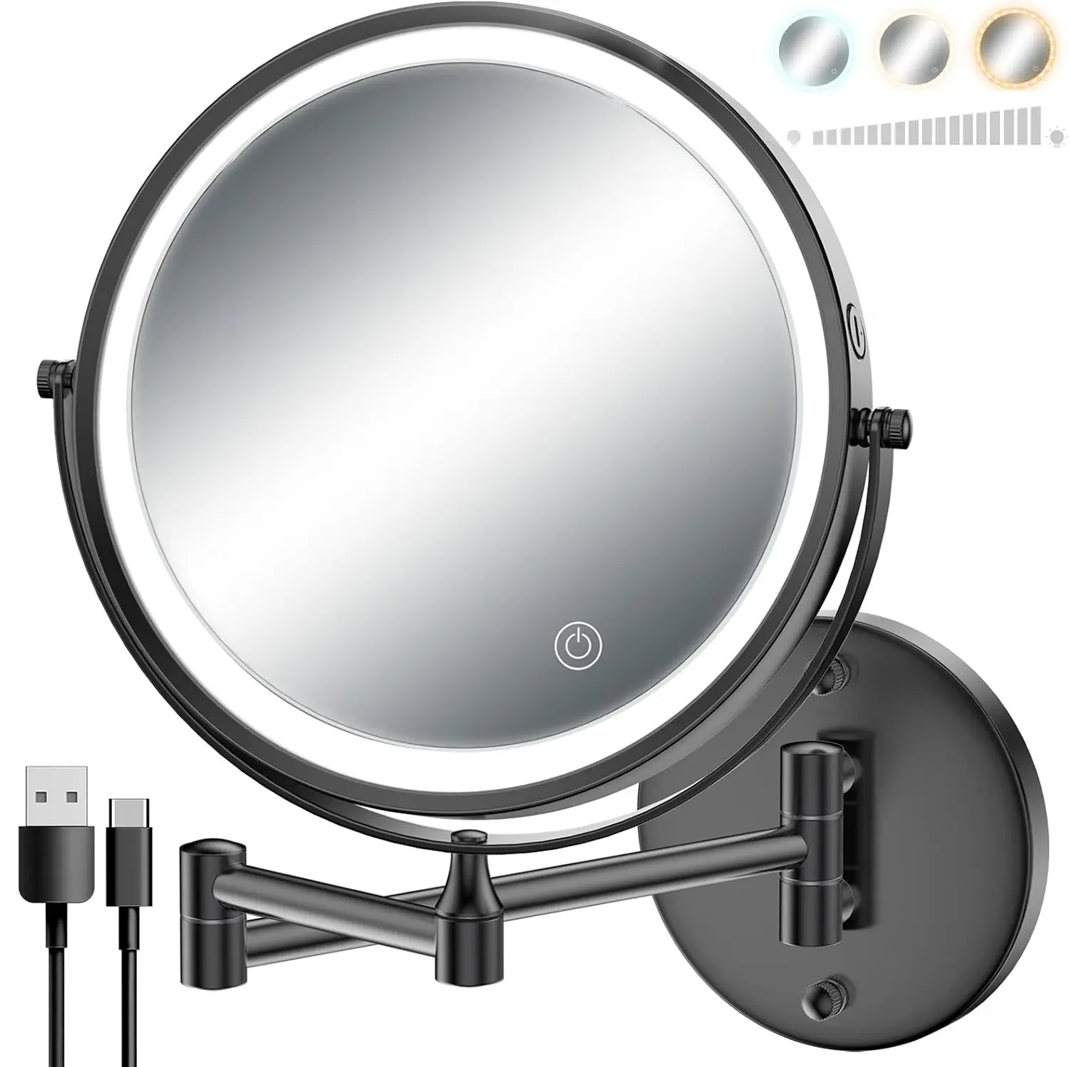 Wall Mounted Mirror with LED Lights, Magnifying 1x/10x Makeup Mirror, 8 Inch Double Sided Rotatable 360 Degrees. 3-colour light touch screen dimmable, bathroom, bedroom, living room