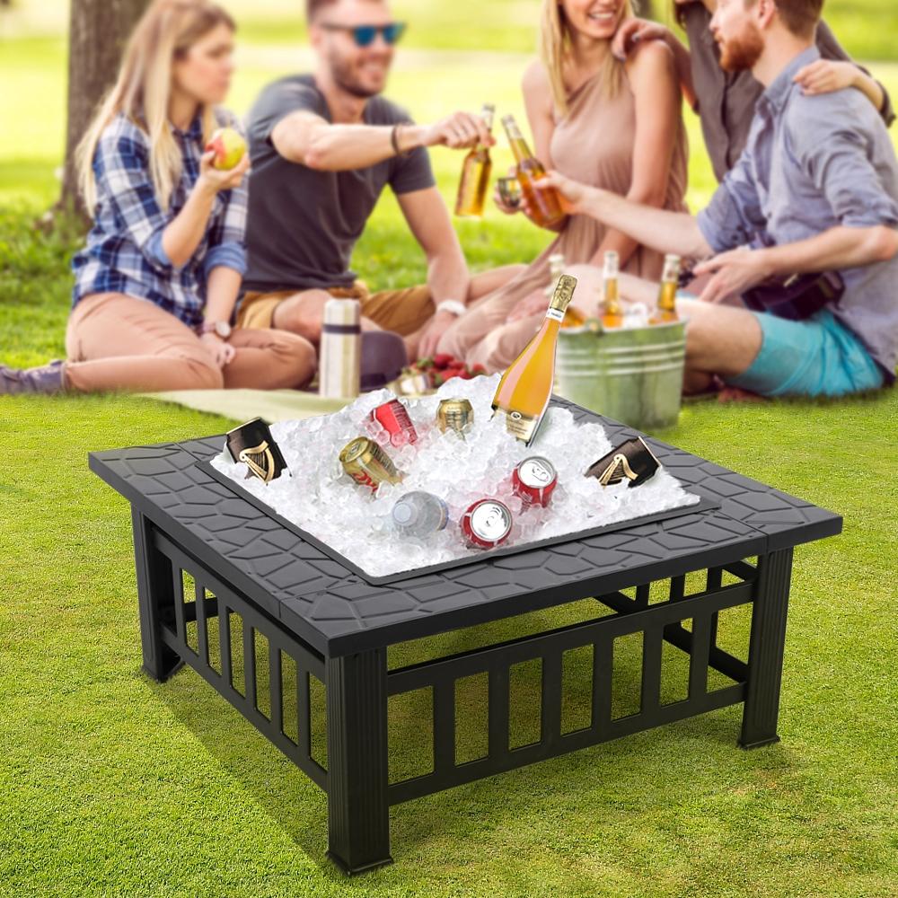 【Heavy Duty】Yaheetech  32‘’/34“Multifunctional Fire Pit Table Square Metal Fire Pit for Camping, Outdoor Heating, Bonfire & Picnic