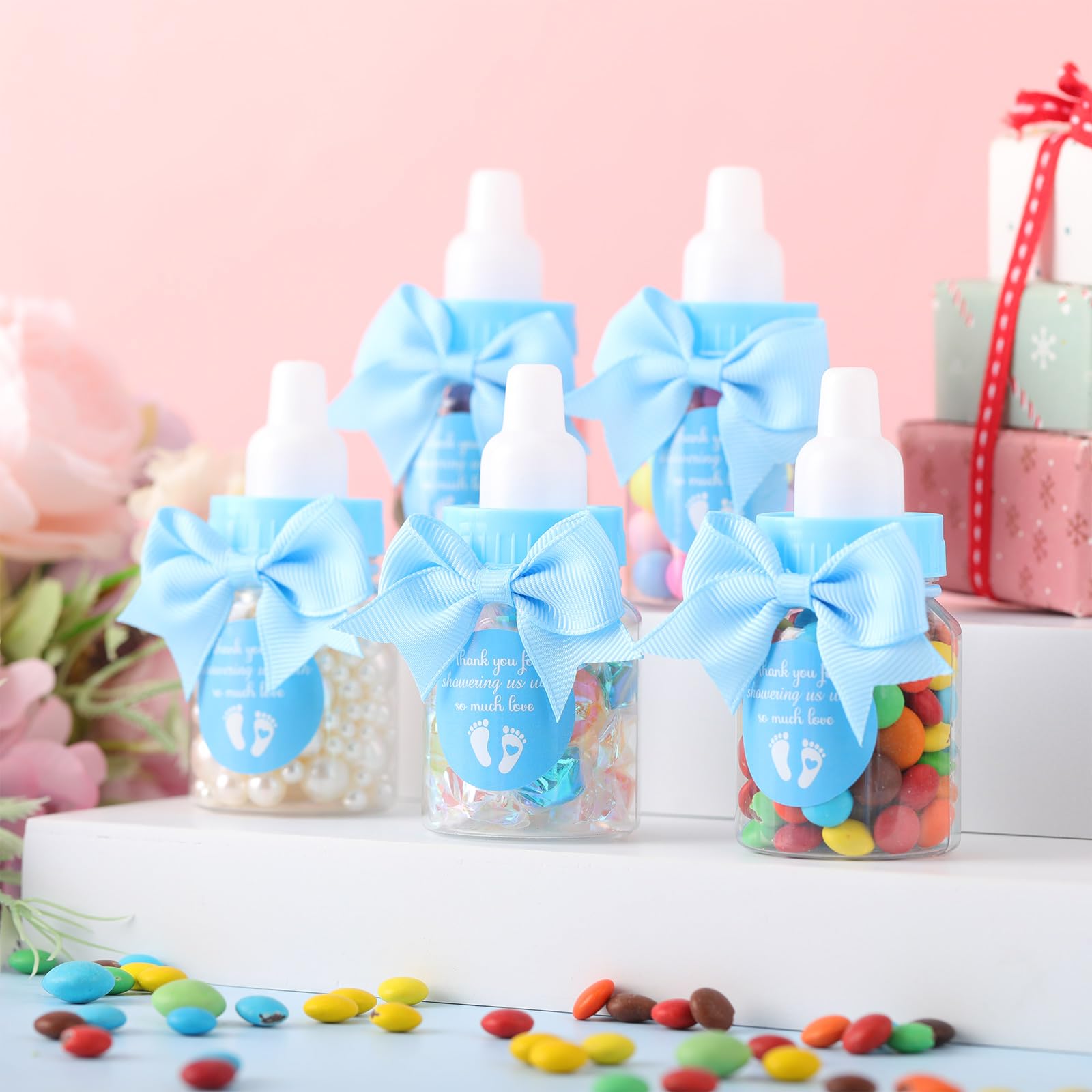 24/48 Pcs Baby Shower Prize Mini Baby Bottles Chug Plastic Milk Bottles Candy Baby Bottles with Thank You Showering Stickers and Bows Thank You Gifts for Guests,Birthday Party Baby Shower Favors Gift