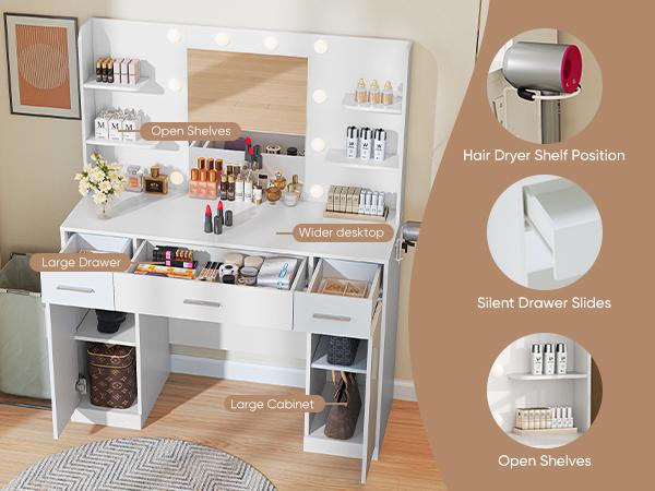 White Vanity Desk with Lighted Mirror & Power Outlet, Makeup Vanity with 3 Drawers, 4 Shelves, Cabinet & Hair Dryer Holder for Bedroom Girls