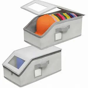 Stackable Hat Storage for Baseball Caps, 2 PCS Hat Storage Boxes for Closet with Clear Windows, Holds up 30 Caps with Cardboard, Space-Saving Closet Storage, Breathable Fabric Hat Organizer for Women & Men(Grey)