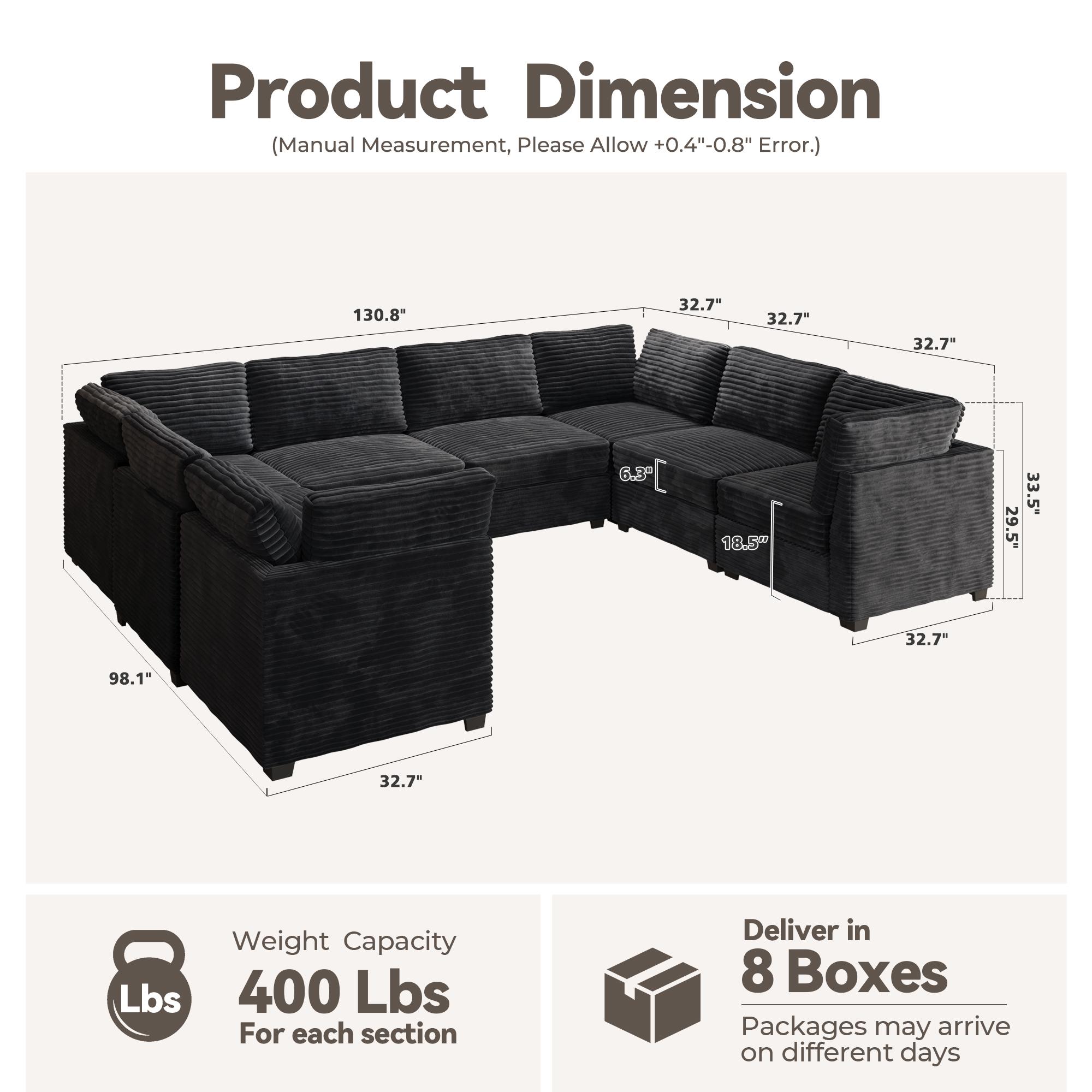 CAODOC Oversized U-Shaped Sectional Couch Sofa Living Room, Modern U-Shaped Convertible Sofabed Plush Corduroy Upholstered Sofa&Couch and Pillows,Free Combination