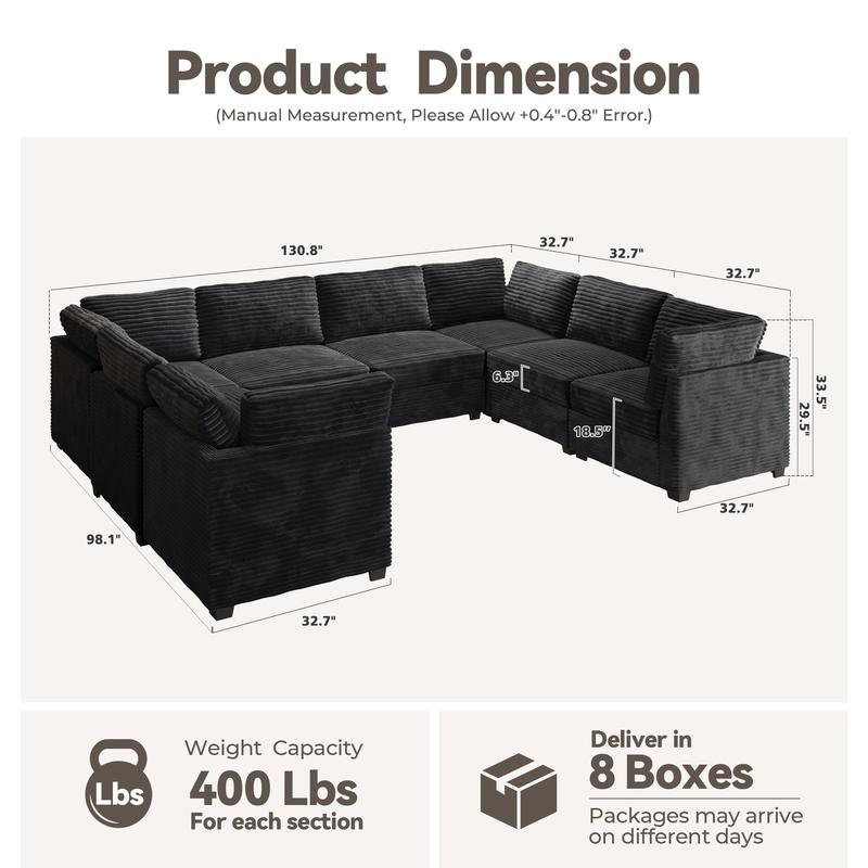 CAODOC Oversized U-Shaped Sectional Couch Sofa Living Room, Modern U-Shaped Convertible Sofabed Plush Corduroy Upholstered Sofa&Couch and Pillows,Free Combination