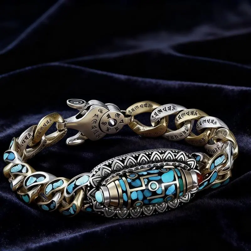 Male Adults' Turquoise Dzi Bead Bracelets - Tibetan Spiritual Jewelry with Rotating Chain, 6-Word Mantra, Good Luck Gemstone Bag Charm Amulet, Anklet for Daily Wear & Meditation, Unique Gifts