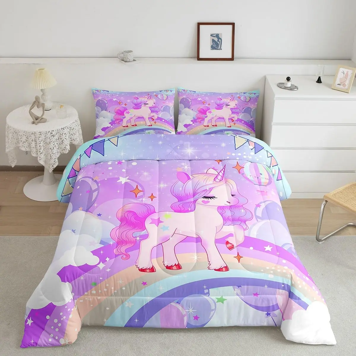Feelyou Toddler Girl Unicorn Bedding Set - Digital Print Reversible Comforter, Rainbow Stars, Purple Pillowcases, Breathable Soft Cartoon Printed Blanket, Twin/Full Sizes, Animal Girl Room Decor