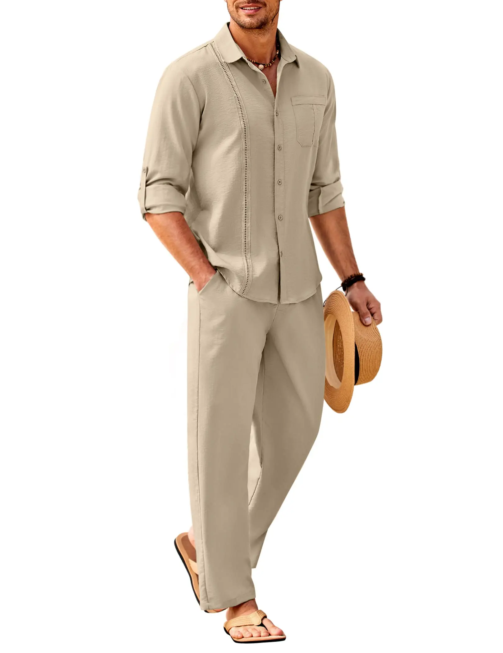 Coofandy Men's 2 Piece Sets Casual Long Sleeve Button Down Cuban Shirt & Loose Pants Set for Beach Vacation Outfits Soft Classic Linen Fabric