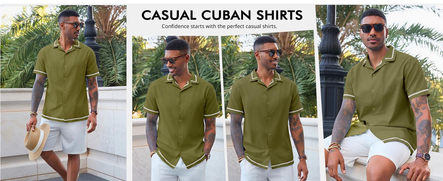 Runcati Mens Short Sleeve Shirt Button Down Casual Cuban Linen Shirts Summer Beach Vacation Tops