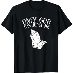 Women's Short-Sleeve Round Neck Loose Seamless Smooth 100% Cotton Blend Top, Back-Print Religious Design (Only God Can Judge Me, Prayer Hands), Soft Breathable, Machine Washable, Church Casual Faith Apparel