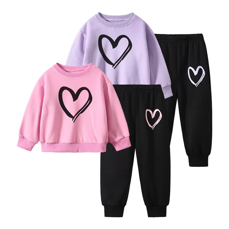 4-piece girls' autumn and winter fashion sports suit 4-12-year-old children's heart-shaped printed sports hoodie and sweatpants autumn and winter suit