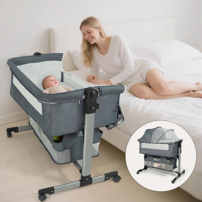 Baby Bassinet Bedside Crib Sleeper, Rocking Bassinet with Breathable Mesh Mattress Mosquito Net Adjustable Height Storage Net Bag Wheels Easy Folding Portable Bed for Infant Newborn