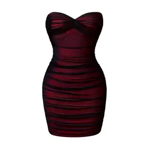 HYZ Women's Sexy Bodycon Strapless Tube Dress Sweetheart Neck Color Block Mesh Sleeveless Ruched Mini  Party Dresses