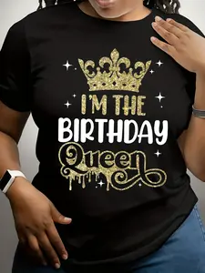 Women's "I'm The Birthday Queen" Crown Print T-Shirt - Birthday Outfit with Short Sleeve Round Neck Top, Casual Spring Summer Blouse for & Casual Attire - Machine Washable Non- Fabric
