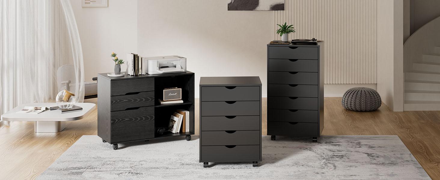 5 Drawer Chest Wood File Cabinet Rolling Organization Storage Dresser with Wheels for Home Office