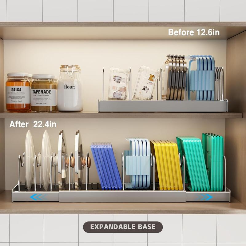 2 Pack Expandable Food Storage Container Lid Organizers, 22" Pots and Pans Organizer Under Cabinet with 7 Adjustable Dividers Pot and Pan Lid Holders Rack Inside Cabinet(White)