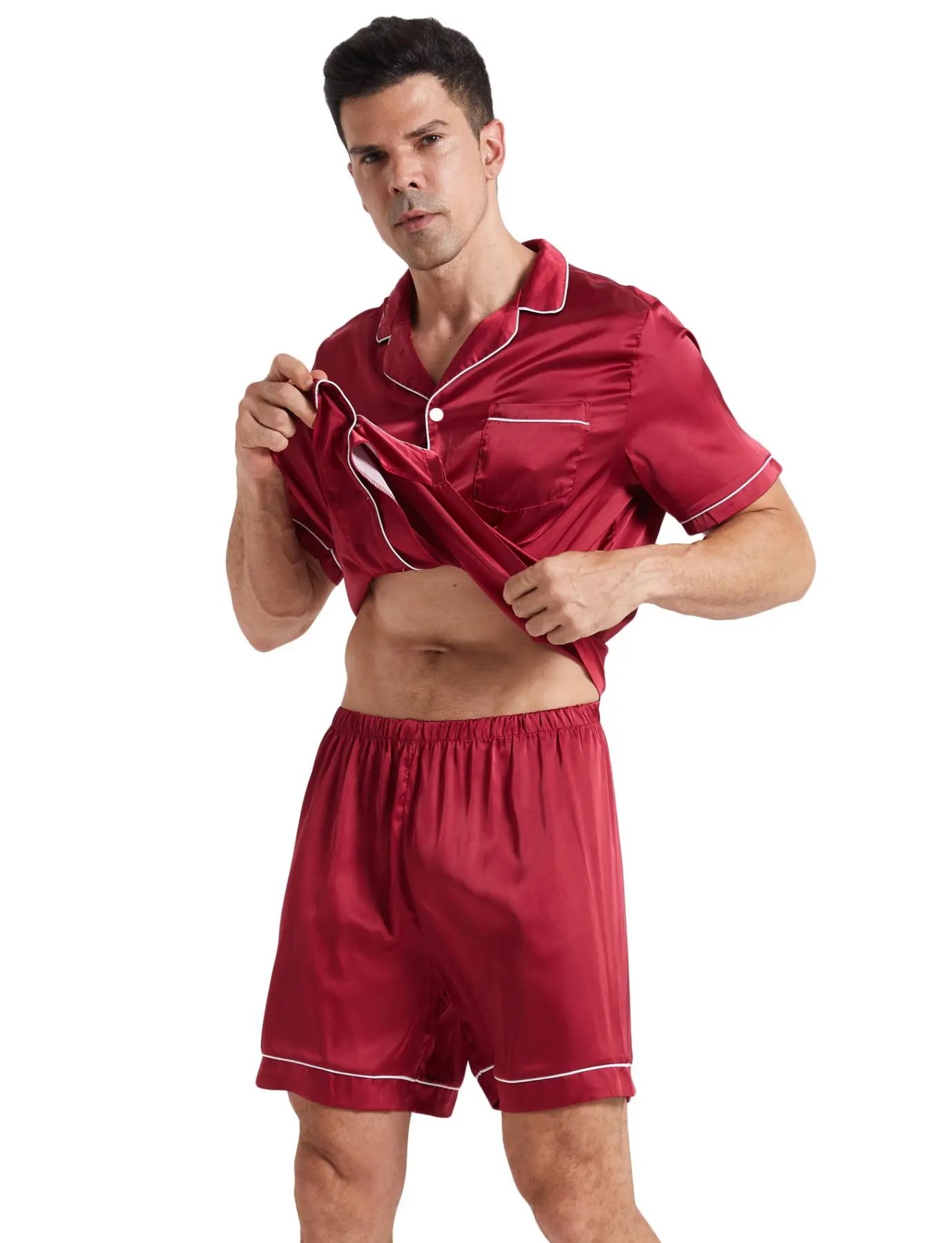 Two-Piece Set Men's Contrast Binding Faux Silk Pyjama Set, Loose Casual Comfy Short Sleeve Button Front Shirt & Elastic Waist Shorts PJ Set, Men's Sleepwear & Loungewear for Summer, Pajama Set, Pajamas