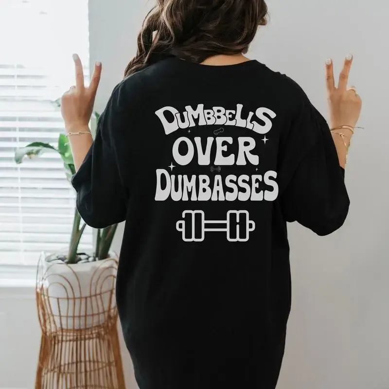 Muscle Mommy Graphic T-Shirt, Funny Casual Cotton Crew Neck with "Dumbbells Over Dumbasses" Slogan for Powerlifting, Casual Fashion Tee