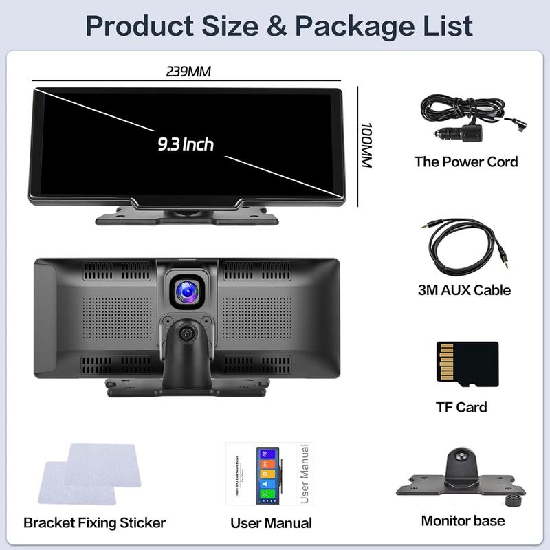 Wireless Carplay Portable Android Auto Unit with 2.5K Dash Cam, 9.3 Inch Touchscreen Car Screen Display with Bluetooth Airplay Mirror Link Voice Control AUX 64G TF